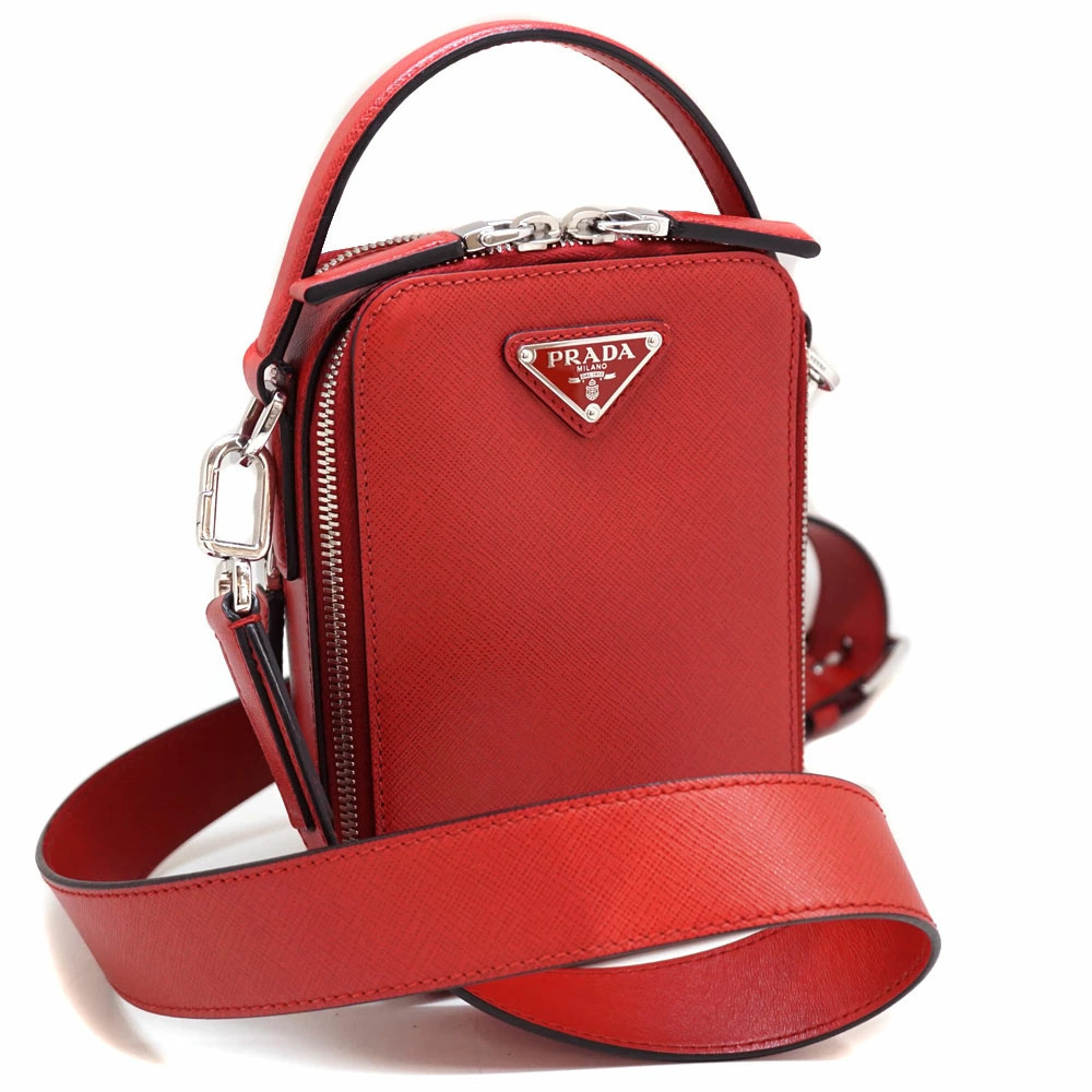 PRADA Crossbody Bag Handbag Shoulder Clutch Red Saffiano Leather